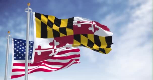 메릴랜드 국기가 미국의 국기와 흔들고 있습니다 배경에는 메릴랜드주 Maryland 대서양 — 비디오