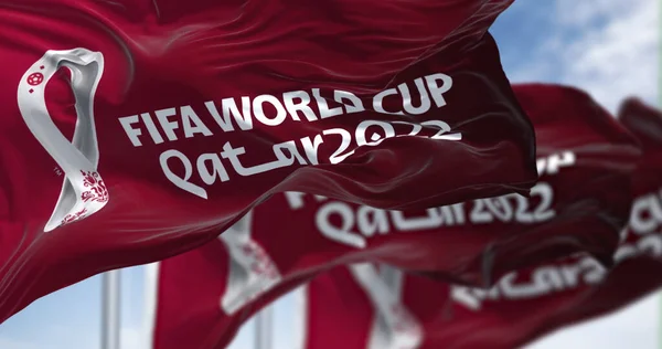 Ντόχα Κατάρ Απρίλιος 2022 Τρεις Σημαίες Λογότυπο Του Qatar 2022 — Φωτογραφία Αρχείου