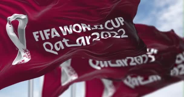 Doha Qatar Abril 2022 Tres Banderas Con Logotipo Copa Mundial — Vídeo de stock