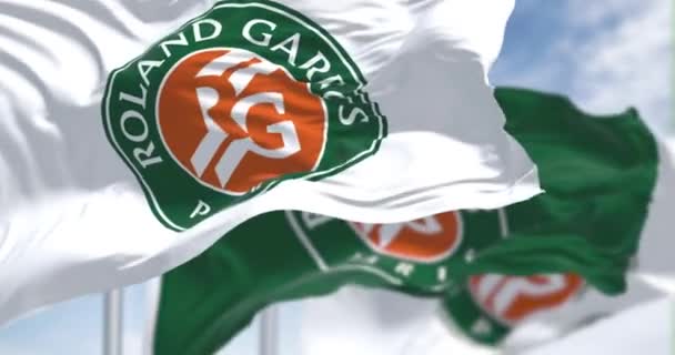 Paris France April 2022 Three Flags Roland Garros Logo Waving — Stock Video