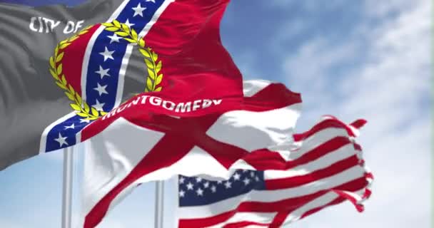 Ciudad Bandera Montgomery Ondeando Viento Con Las Banderas Del Estado — Vídeos de Stock