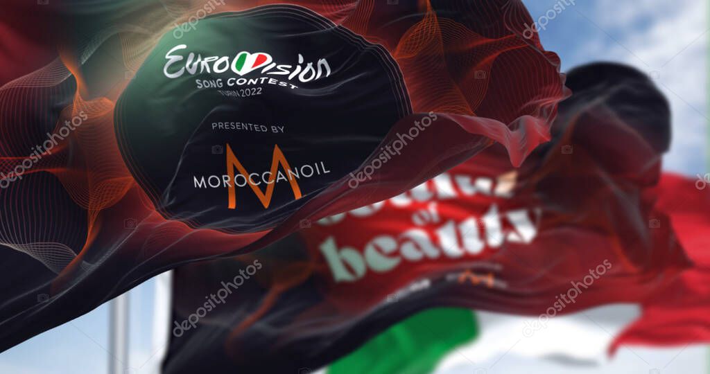 Turin, Italy, January 2022: The flags of the Eurovision Song Contest 2022 waving in the wind. The 2022 edition will take place in Turin, Italy from 10 to 14 May