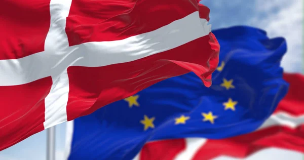 Detail National Flag Denmark Waving Wind Blurred European Union Flag — 스톡 사진