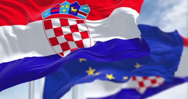 Detail National Flag Croatia Waving Wind Blurred European Union Flag — Stock videók