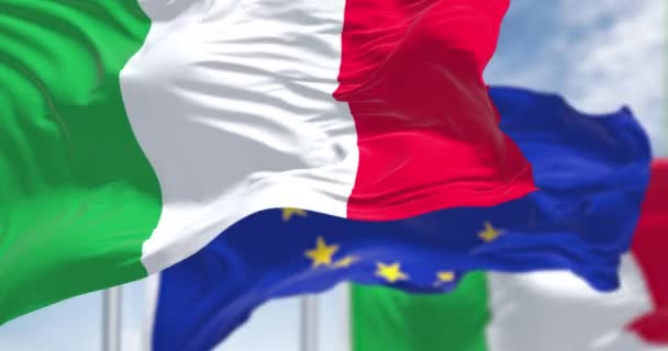 Detail National Flag Italy Waving Wind Blurred European Union Flag — Wideo stockowe