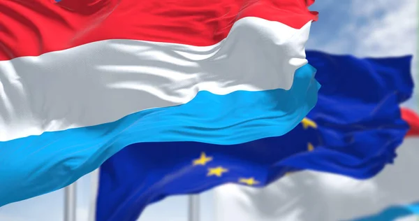 Detail National Flag Luxembourg Waving Wind Blurred European Union Flag — Foto Stock
