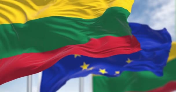 Detail National Flag Lithuania Waving Wind Blurred European Union Flag — Stock videók