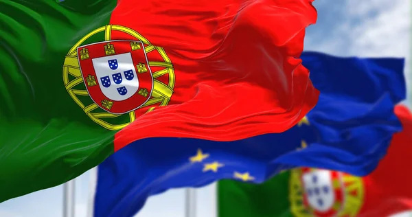 Detail National Flag Portugal Waving Wind Blurred European Union Flag — стоковое фото