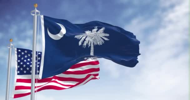 Bandera Del Estado Carolina Del Sur Ondeando Junto Con Bandera — Vídeo de stock
