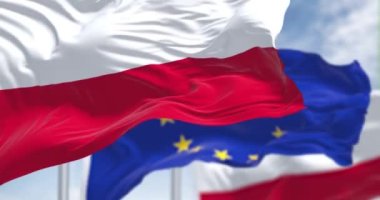 Açık bir günde arka planda Avrupa Birliği bayrağı belirsizken rüzgarda dalgalanan Polonya ulusal bayrağının kusursuz döngüsü. Demokrasi ve politika. Avrupa ülkesi. Seçici odak.