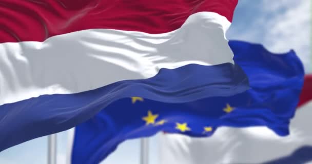 晴朗的日子里 荷兰国旗无缝地在风中飘扬 背景上飘扬着模糊的欧洲联盟旗帜 民主和政治 欧洲国家 有选择的重点 — 图库视频影像