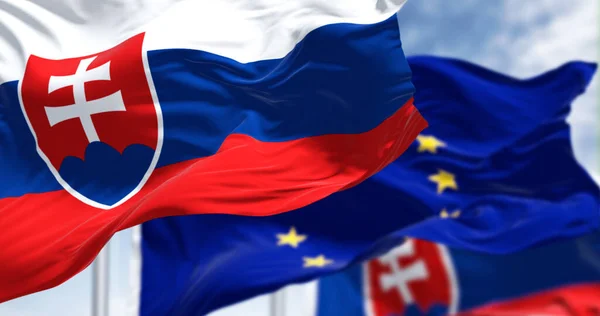 Detail National Flag Slovakia Waving Wind Blurred European Union Flag — Φωτογραφία Αρχείου