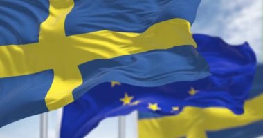 Seamless loop in slow motion of the national flag of Sweden waving with blurred european union flag in the background on a clear day. Democracy and politics. European country. Selective focus.