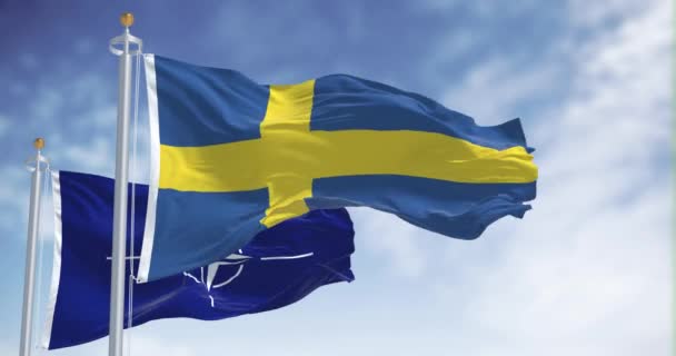 2022年5月スウェーデン ストックホルム フィンランドの国旗がNatoの旗とともに掲げられている 2022年 スウェーデンは何十年もの中立の後でNatoに加盟を求めた — ストック動画