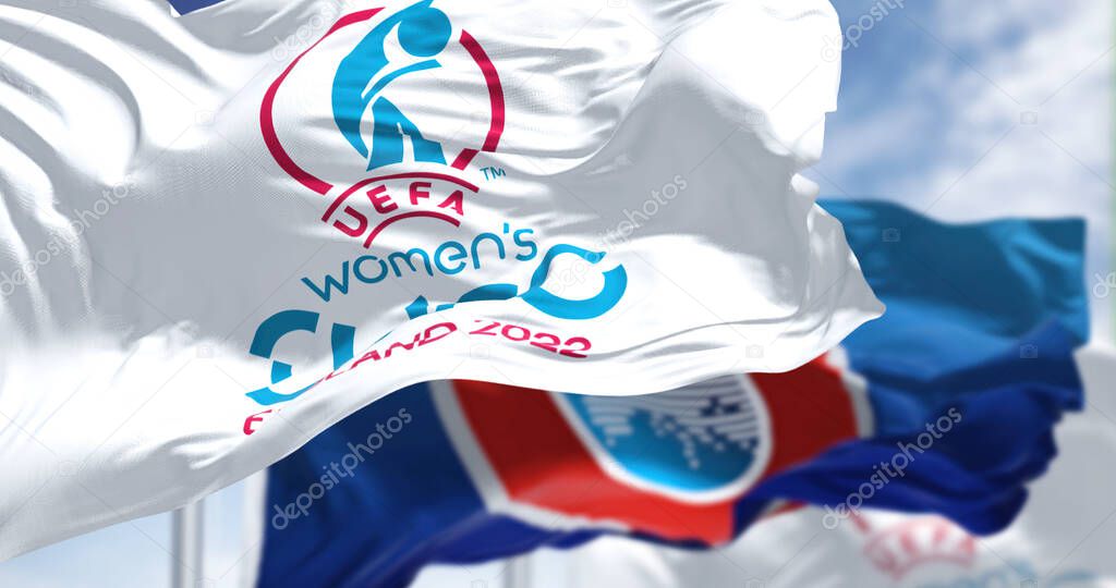 London, UK, May 2022 The flag of the UEFA European Womens Football Championship Euro 2022 flying alongside the blurred UEFA flag. Womens Euro 2022 will take place in England from 6 to 31 July