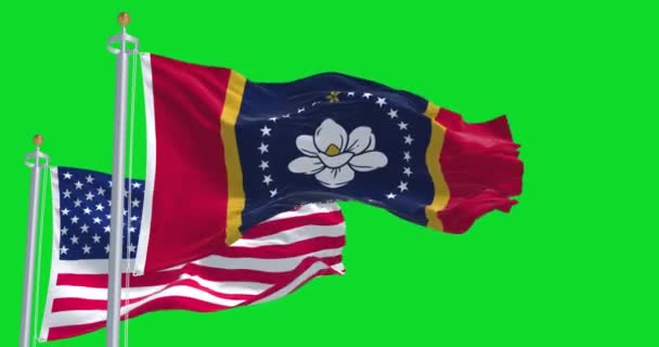 Mississippi Állam Zászlaja Lobogott Amerikai Egyesült Államok Nemzeti Zászlajával Együtt — Stock videók