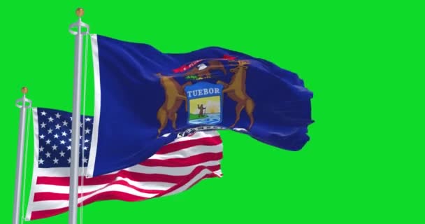 Bandeira Estado Michigan Agitando Junto Com Bandeira Nacional Dos Estados — Vídeo de Stock