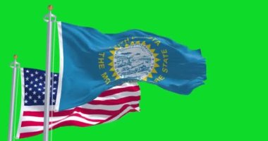 Güney Dakota eyaleti bayrağı, Amerika Birleşik Devletleri bayrağıyla birlikte yeşil ekran arka planında izole bir şekilde dalgalanıyor.