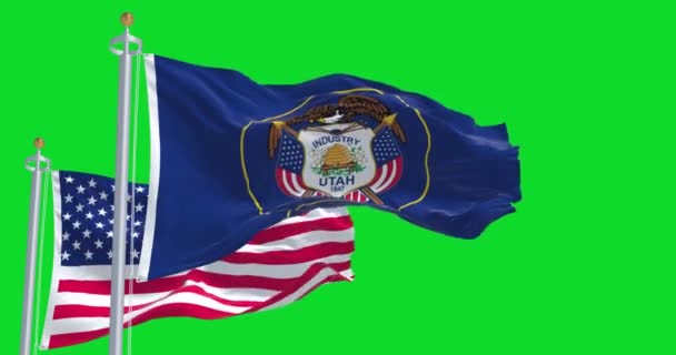 Bandeira Estado Utah Agitando Junto Com Bandeira Nacional Dos Estados — Vídeo de Stock