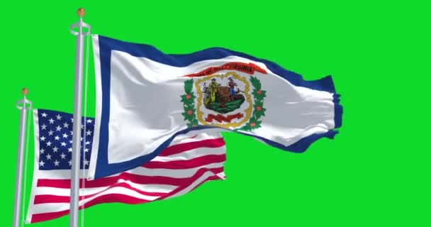 Bandera Del Estado Virginia Occidental Ondeando Junto Con Bandera Nacional — Vídeo de stock