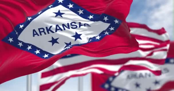 Arkansas Eyaletinin Bayrakları Rüzgarda Sallanan Birleşik Devletler Bayraklarıyla Kusursuz Bir — Stok video