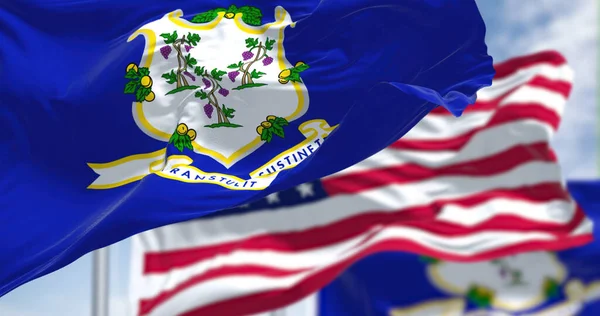 Two Connecticut State Flags Waving National Flag United States America — Stock Photo, Image