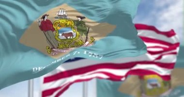 Amerika Birleşik Devletleri bayrağıyla birlikte Delaware eyaletinin iki bayrağı dalgalanırken kusursuz döngü yavaş çekimde. Arka planda açık bir gökyüzü var..