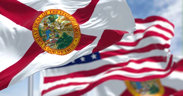 Flaga Stanu Floryda Machająca Wraz Flagą Narodową Stanów Zjednoczonych Ameryki — Zdjęcie stockowe