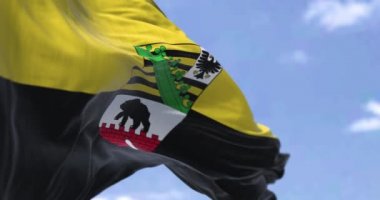 Saxony-Anhalt bayrağının açık havada rüzgarda dalgalandığı kusursuz bir döngü. Saksonya-Anhalt bir Alman devletidir.)