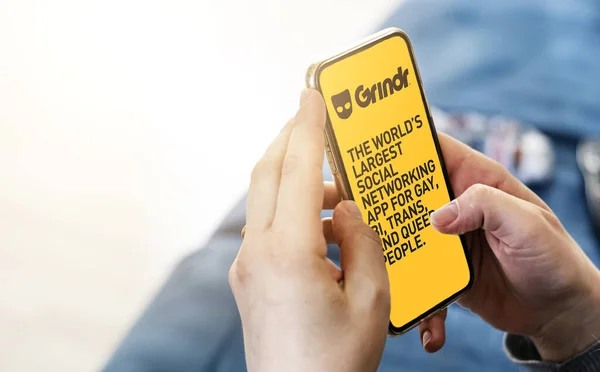 San Francisco May 2022 Woman Holding Phone Grindr Mobile Application — Stock Photo, Image
