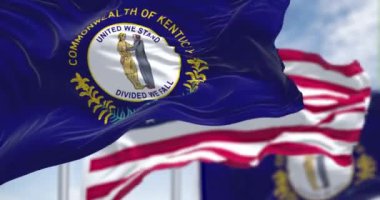 Amerika Birleşik Devletleri bayrağıyla birlikte dalgalanan iki Kentucky bayrağıyla ağır çekimde kusursuz bir döngü. Kentucky, ABD 'nin güneydoğu bölgesinde bir eyalettir.