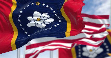 Mississippi eyalet bayrağı, Amerika Birleşik Devletleri bayrağıyla birlikte dalgalanıyor. Mississippi, ABD 'nin güneydoğu bölgesinde bir eyalettir. Demokrasi ve bağımsızlık.