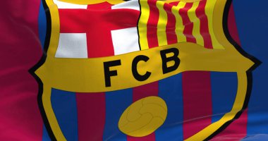 Barselona, İspanya, Mayıs 2022: FC Barcelona bayrağını dalgalandırın. FC Barcelona, İspanya 'nın Barcelona şehrinde kurulmuş bir futbol kulübüdür.