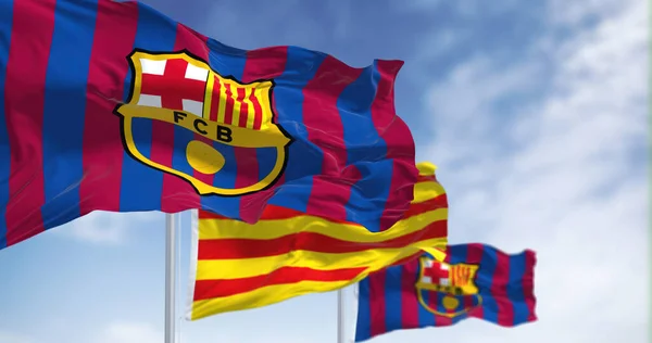Barcelona Spanien Mai 2022 Zwei Fahnen Des Barcelona Wehen Wind — Stockfoto