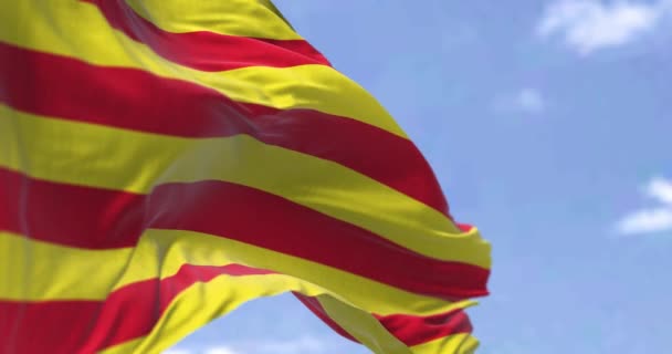 카탈루냐 국기가 바람에 흔들리면서 바다없는 고리가 천천히 움직이고 카탈루냐는 스페인의 — 비디오