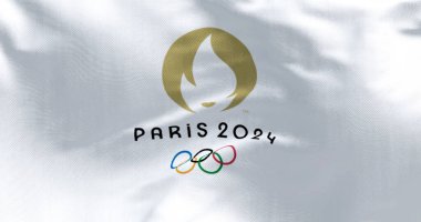 Tokyo, Japan, July 2021: Paris 2024 olympic flag waving in the wind. Paris 2024 summer olympics games are scheduled to take place from 26 July to 11 August 2024 in Paris, France clipart