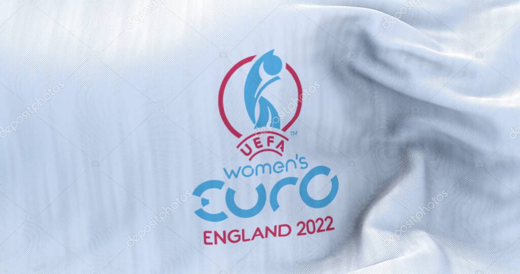 London, UK, May 2022; The flag of the UEFA European Womens Football Championship Euro 2022 waving. Womens Euro 2022 will take place in England from 6 to 31 July