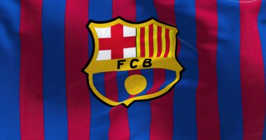 Barselona, İspanya, Mayıs 2022: FC Barcelona bayrağını dalgalandırın. FC Barcelona, İspanya 'nın Barcelona şehrinde kurulmuş bir futbol kulübüdür.