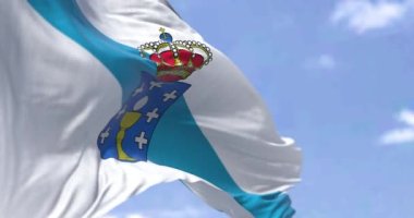 Extremadura bayrağı açık bir günde rüzgarda dalgalanıyor. Extremadura İspanya 'nın özerk bir topluluğudur. Başkenti Merida 'dır. Yavaş çekimde kusursuz döngü