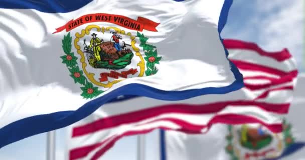 Die Flagge des Bundesstaates West Virginia weht zusammen mit der Nationalflagge der Vereinigten Staaten von Amerika. West Virginia ist ein Bundesstaat im Südosten der Vereinigten Staaten. Nahtlose Schleife in Zeitlupe