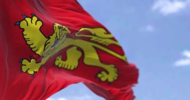 Açık bir günde rüzgarda dalgalanan Aquitaine bayrağının arka görüntüsü. Aquitaine, Fransa 'nın güneybatısında tarihi bir bölgedir. Seçici odaklanma. Yavaş çekimde kusursuz döngü