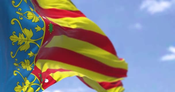 Rückansicht Der Valencianischen Gemeinschaftsflagge Die Einem Klaren Tag Wind Weht — Stockvideo