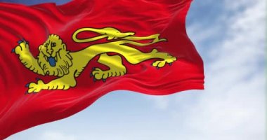 Açık bir günde rüzgarda dalgalanan Aquitaine bayrağının arka görüntüsü. Aquitaine, Fransa 'nın güneybatısında tarihi bir bölgedir. Yavaş çekimde kusursuz döngü. Seçici odak