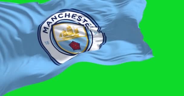 英国曼彻斯特 2022年5月 无缝圈慢动作 曼城的旗帜在绿色背景下飘扬 Man City 是一家位于曼彻斯特布拉德福德的职业足球俱乐部 — 图库视频影像