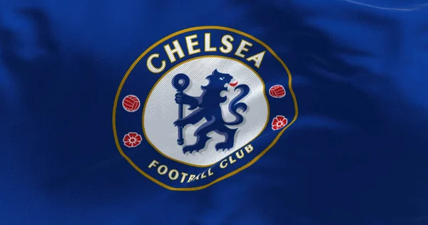2022年5月 英国伦敦 切尔西足球俱乐部的旗帜在风中飘扬 Chelsea 是一家位于伦敦富勒姆的职业足球俱乐部 — 图库照片