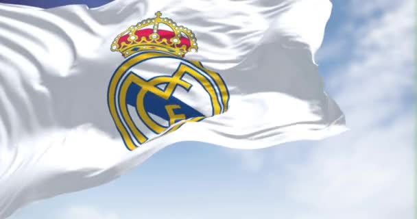 Madrid Spain June 2022 Flag Real Madrid Waving Wind Clear — Stockvideo