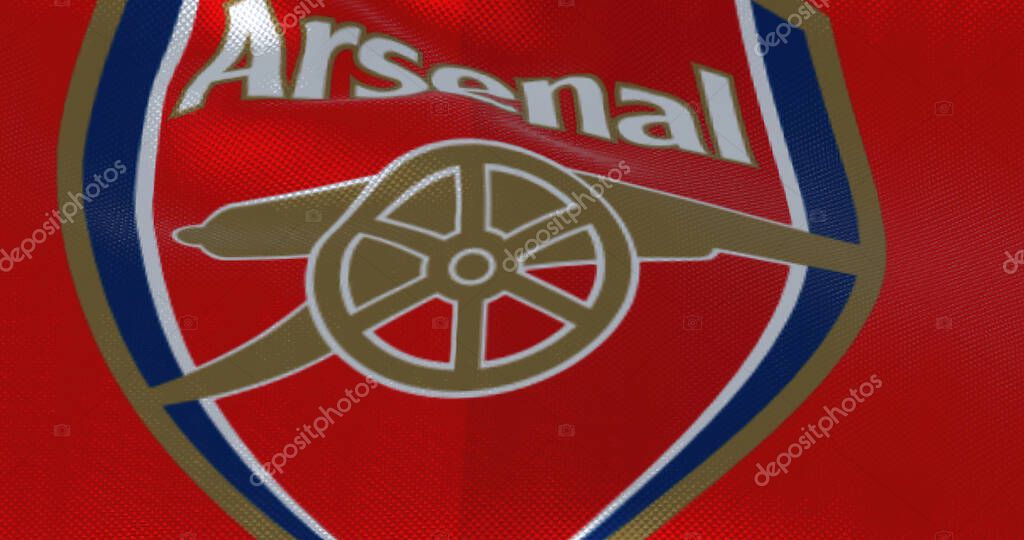 London, UK, May 2022: The flag of Arsenal Football Club waving. Arsenal is a professional football club based in Islington, London, England.