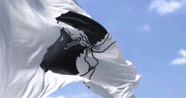 Korsika bayrağı açık havada rüzgarda dalgalanıyor. Korsika, Akdeniz ve Fransız idari bölgesinin bir adasıdır. Yavaş çekimde kusursuz döngü