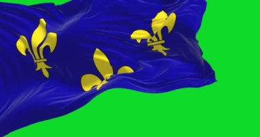 The flag of Ile de France region waving in the wind isolated on a green background. Ile de France is the most populous of the eighteen regions of France. Seamless loop in slow motion