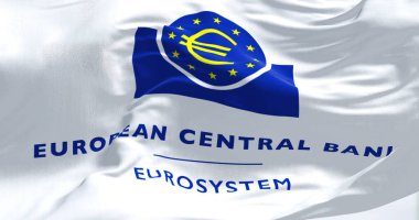 Frankfurt, Almanya, Haziran 2022: Kumaş zemin üzerinde Avrupa Merkez Bankası logosu sallanan bayrak. Kapatın. 3B illüstrasyon